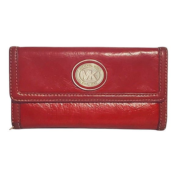 MK Michael Kors Red Leather long wallet vintage silver hardware 4 in. X  7.5 in. - Picture 1 of 11